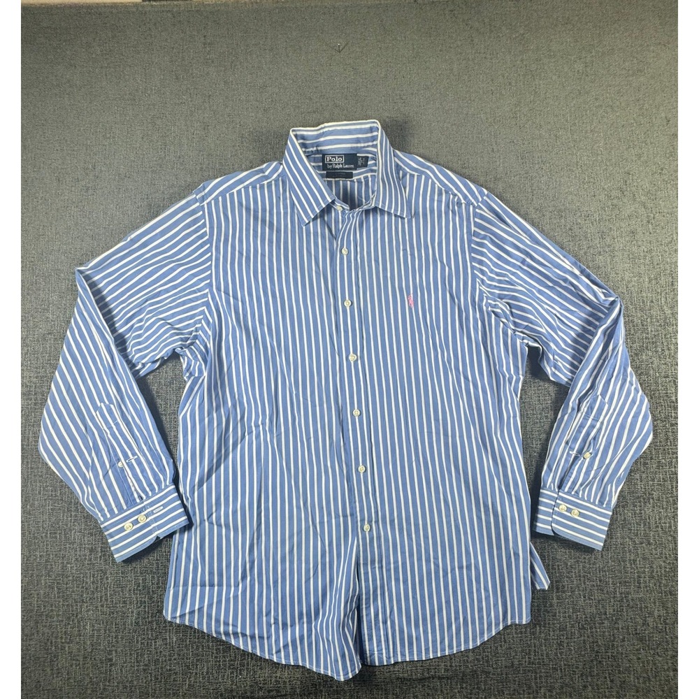 Polo Ralph Lauren Curham Custom Fit Blue White Striped Shirt Mens 17 34/35